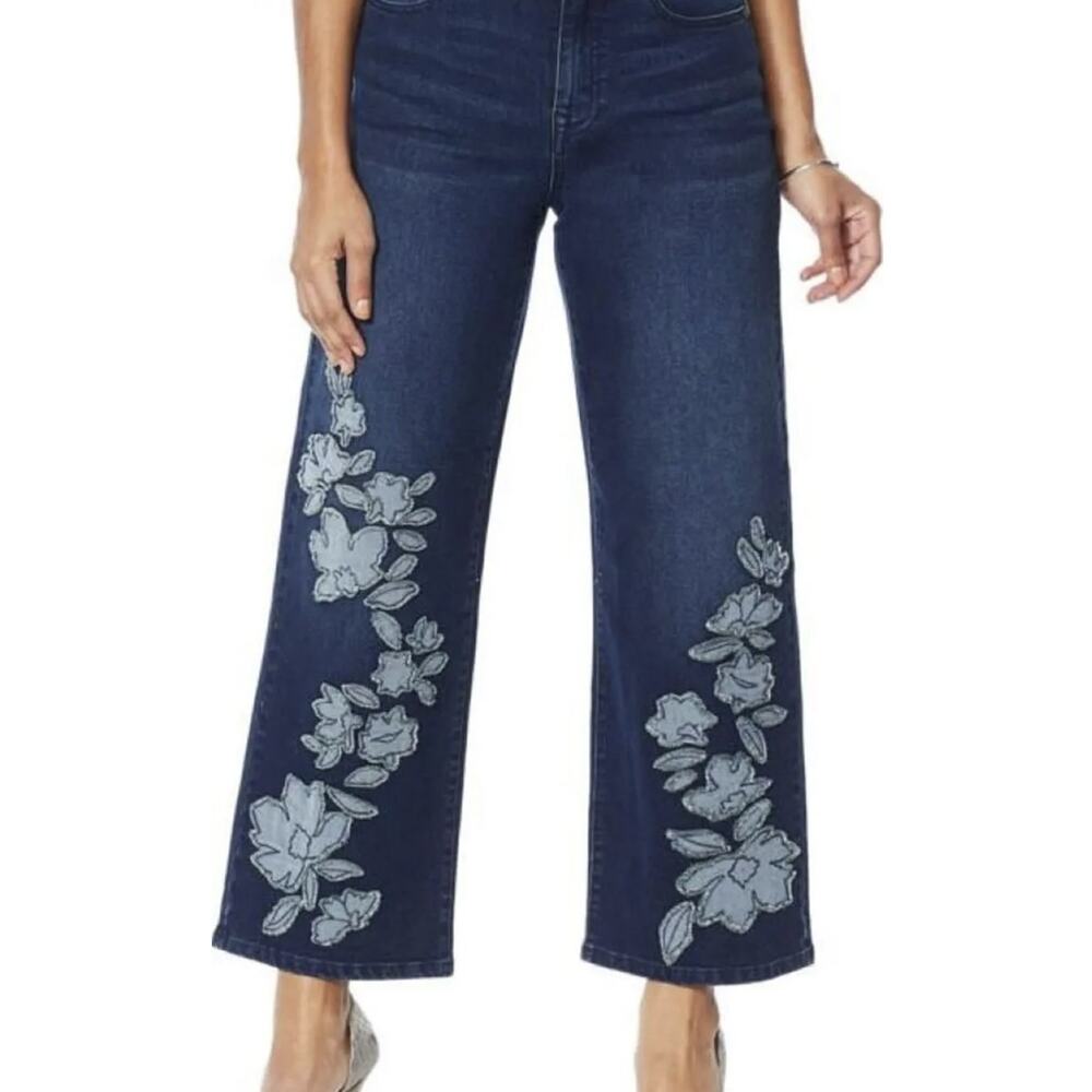 SKU 1626 Diane Gilman DG2 Embroidered Frayed Wide Leg Jeans Indigo 6 Tall - Picture 2 of 3